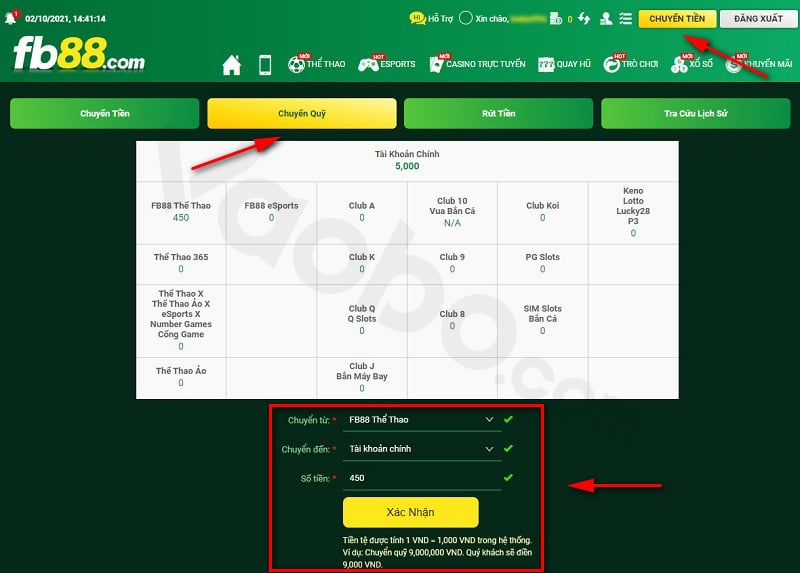chuyển quỹ về tài khoản chính để rút tiền fb88